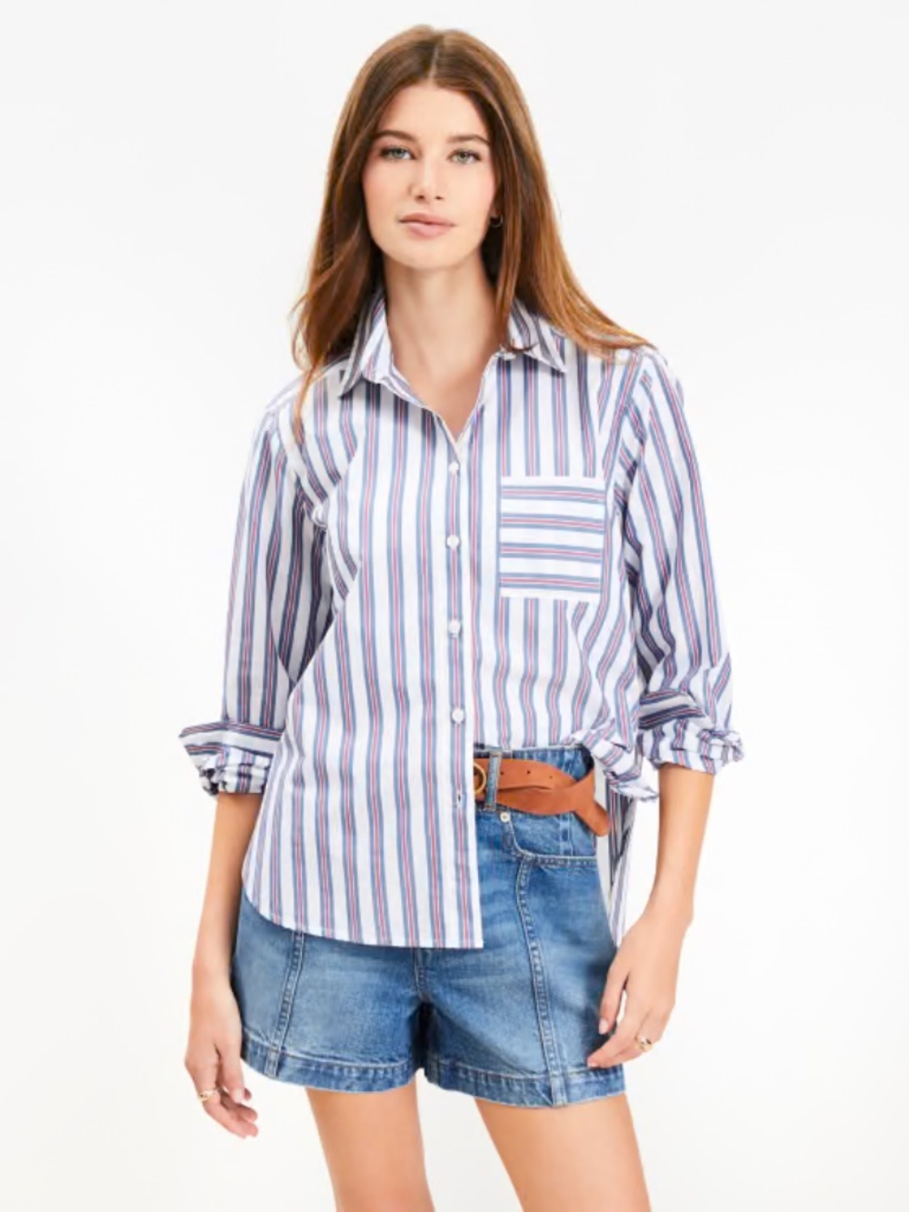 LOFT Women’s Striped Button-Down Shirt - White with Navy & Red Stripes